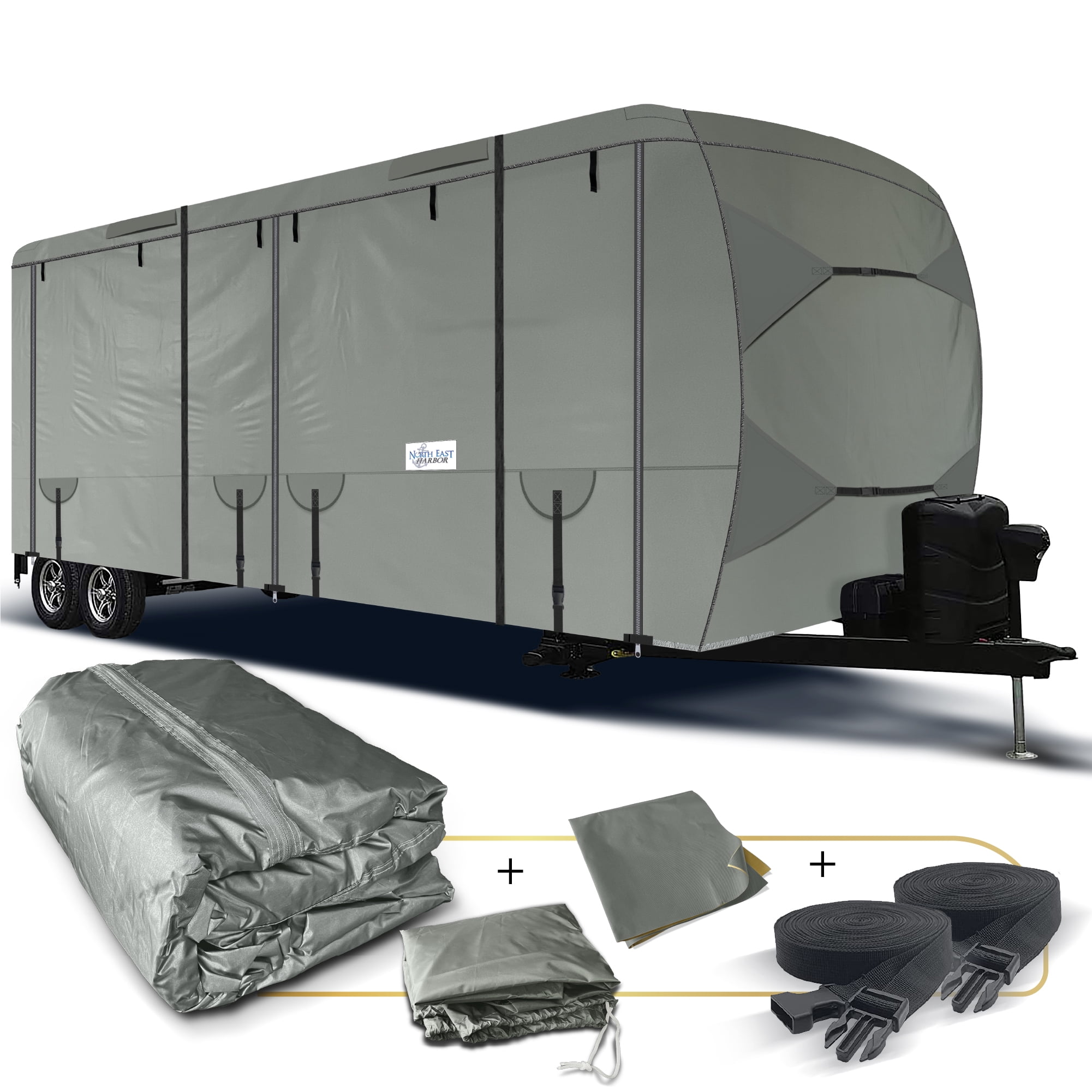 Fonzier Upgraded Waterproof Travel Trailer RV Cover Windproof Camper Cover Breathable for 20'1-22' with 4 Gutter Spout Covers Tongue Jack Cover Extra 2 Windproof Straps 