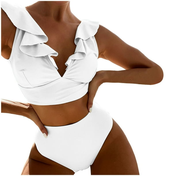 MKLEKYY Trajes De Baño Hombre Natacion New Multicolor Ruffled V Neck Split Swimsuit High Waist Split Bikini Women'S