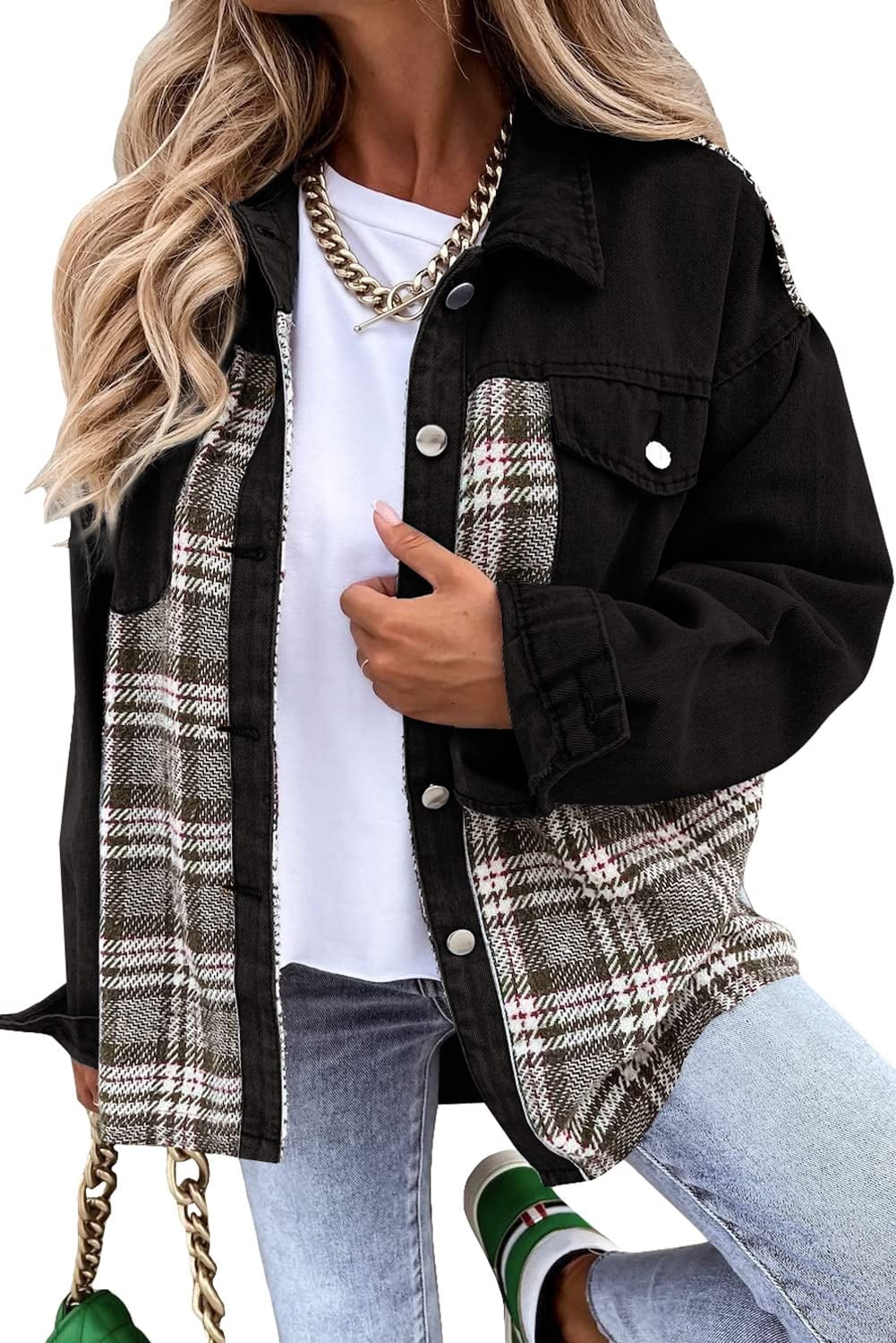 Womens Plaid Jackets Long Sleeve Shirt Denim Button Down Coat Shacket