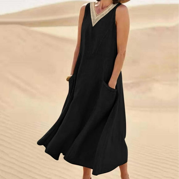 Baikeli Cheap Dress Women's Summer V Neck Lace Fashion Casual Solid Color Sleeveless Cotton Linen Long Dress Summer Vacation Dresses for Women 2024