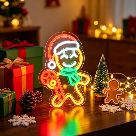 Byndra Christmas Gingerbread Man Neon Light, Christmas Decoration Indoor, LED Hanging Sign for Window Wall and Party Decor