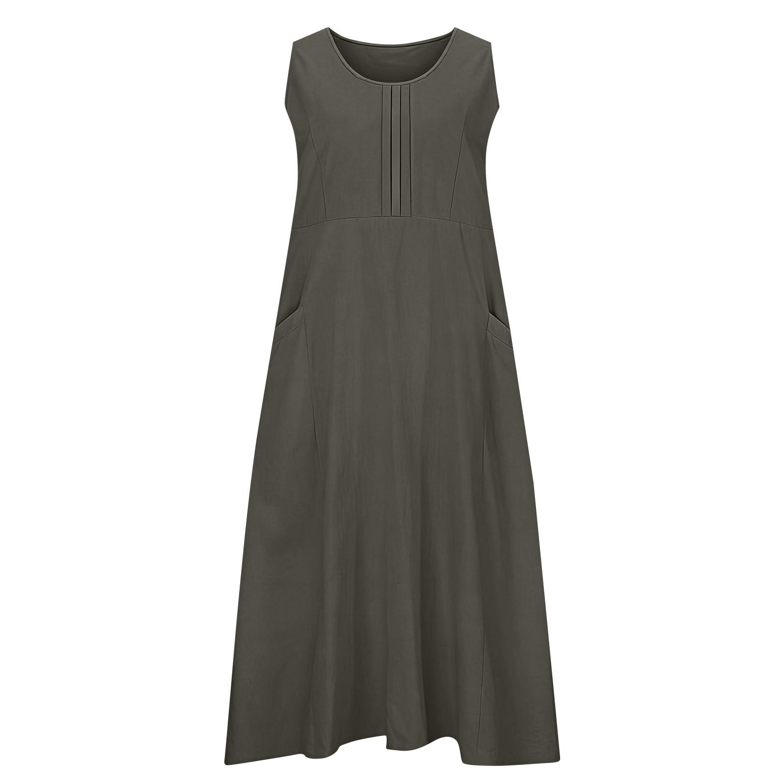 Dreluolixuan Womens Athletic Dress Linen Blend Crew Neck Sleeveless Shirred Tunic Flowy with Pocket Solid Soft Dress Elegant Holiday Loungwear