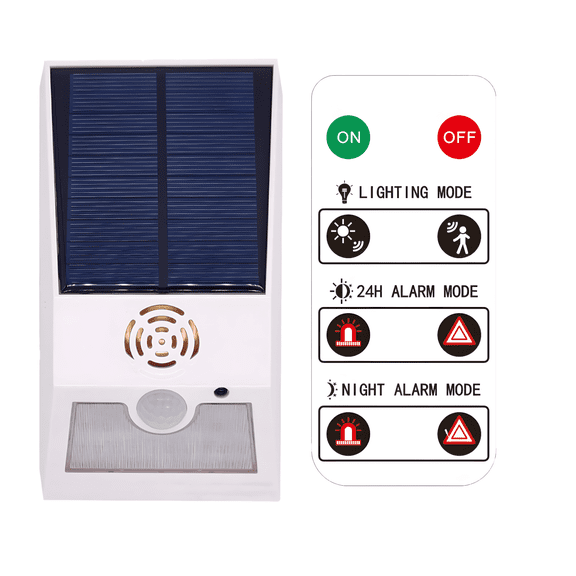 2 Pcs Solar Alarm Lights, 129 dB Sound, Motion Detector Alarm, Remote Control, 6 Modes, White, Outdoor Security Alarm, Animal Repellent Alarm, 6.3 x 3.5 x 1.6 in / 16 x 9 x 4 cm
