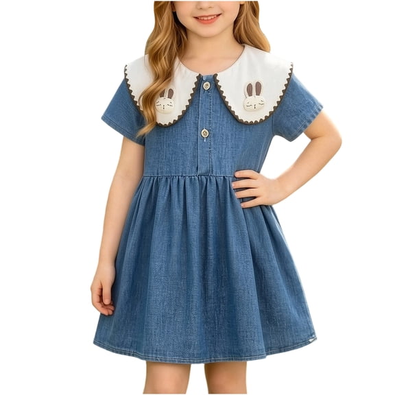 Amidoa Girls Summer Dresses Short Sleeve A-Line Solid Color Dresses Kids Casual Sundress Blue Size 12