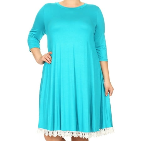 Crochet Tailored Split Corner Bedskirt - BNY Corner Women Plus Size Solid Crochet Lace Hem Midi Length Casual Dress USA Aqua XL (D511 SD) BNY Corner