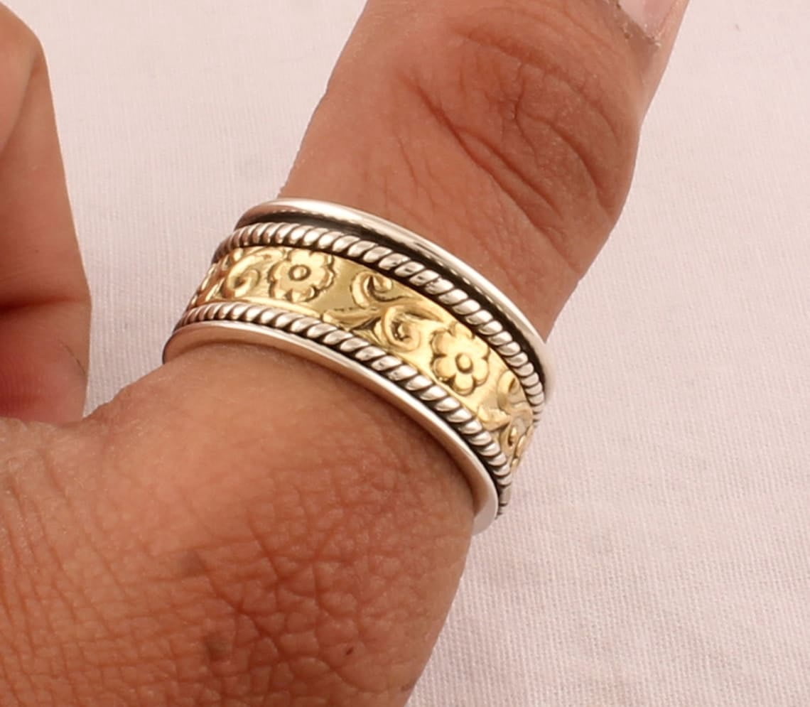 SS DESIGNS Spinner Ring Handmade Silver 925 Sterling Band Flower Band Ring Anxiety Relief Fidget Spinner Stress Relief Jewelry for Men Women