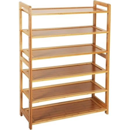 Bamboo Shoe Rack for Closet, 6 Tier Wooden Stackable Shoe Organizer, Free Standing Shoes Storage Shelf for Entryway, Front Door Entrance, Natural