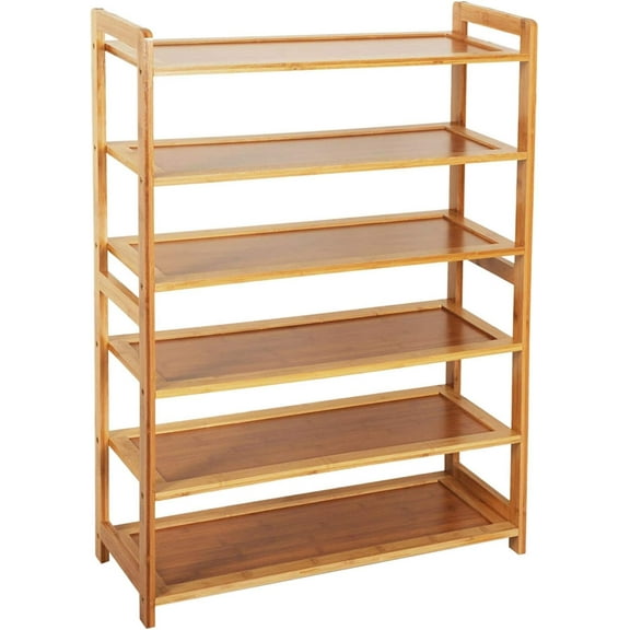 Bamboo Shoe Rack for Closet, 6 Tier Wooden Stackable Shoe Organizer, Free Standing Shoes Storage Shelf for Entryway, Front Door Entrance, Natural