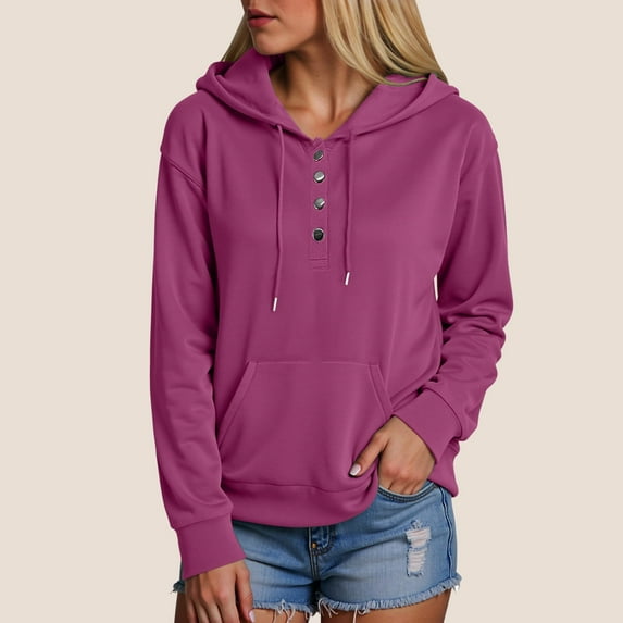 Quealent Half Boutton Womens Hoodies Drawstring Hooded Sweatshirts for Woman With Pocket Purple for Size 3XL
