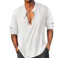 thumbnail image 1 of Camisas Para Hombre Camisa medio abierta para hombre, cárdigan de algodón y lino multicolor simple, cuello redondo, camisa de manga larga a la moda (White, XL), 1 of 6