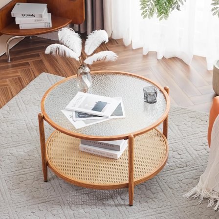 30" Rattan Coffee Table, Round Water-Wave Glass Metal Center Table, Modern Coffee Table with 2-Tier Storage, Farmhouse Circular Coffee Tables for Living Room and Small Space, Natural Vibe
