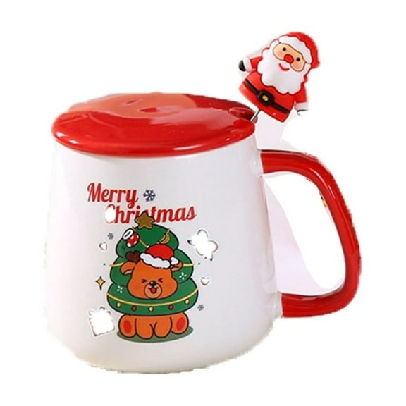 Christmas Ceramic Mug with Lid and Spoon – 400ml Santa Claus & Reindeer Printed Coffee Cup – Cute Holiday Gift for Women, Friends, Family, Office or Secret Santa