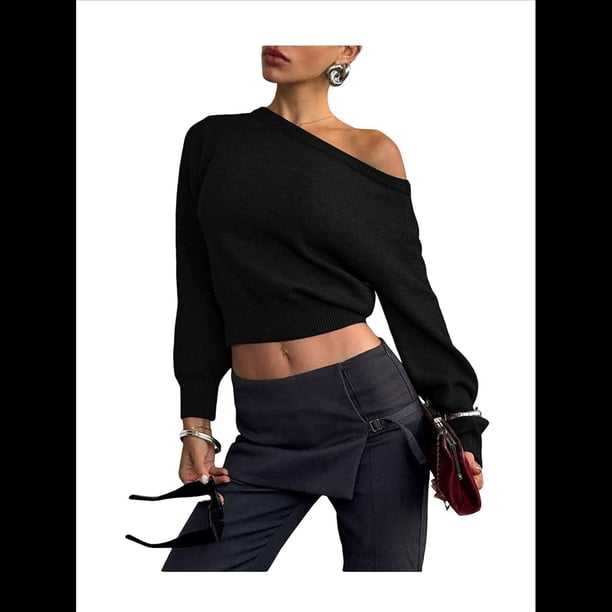 Suéter Corto de Larga con Hombros Descubiertos para Mujer, Moderno Jersey de Punto Acanalado Suave con Cuello . Negro L