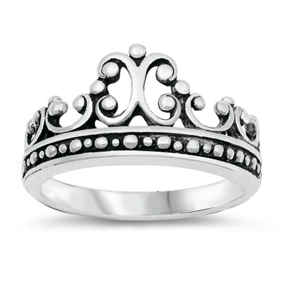 Polished Sterling Silver Decorated Crown Ring Size 10