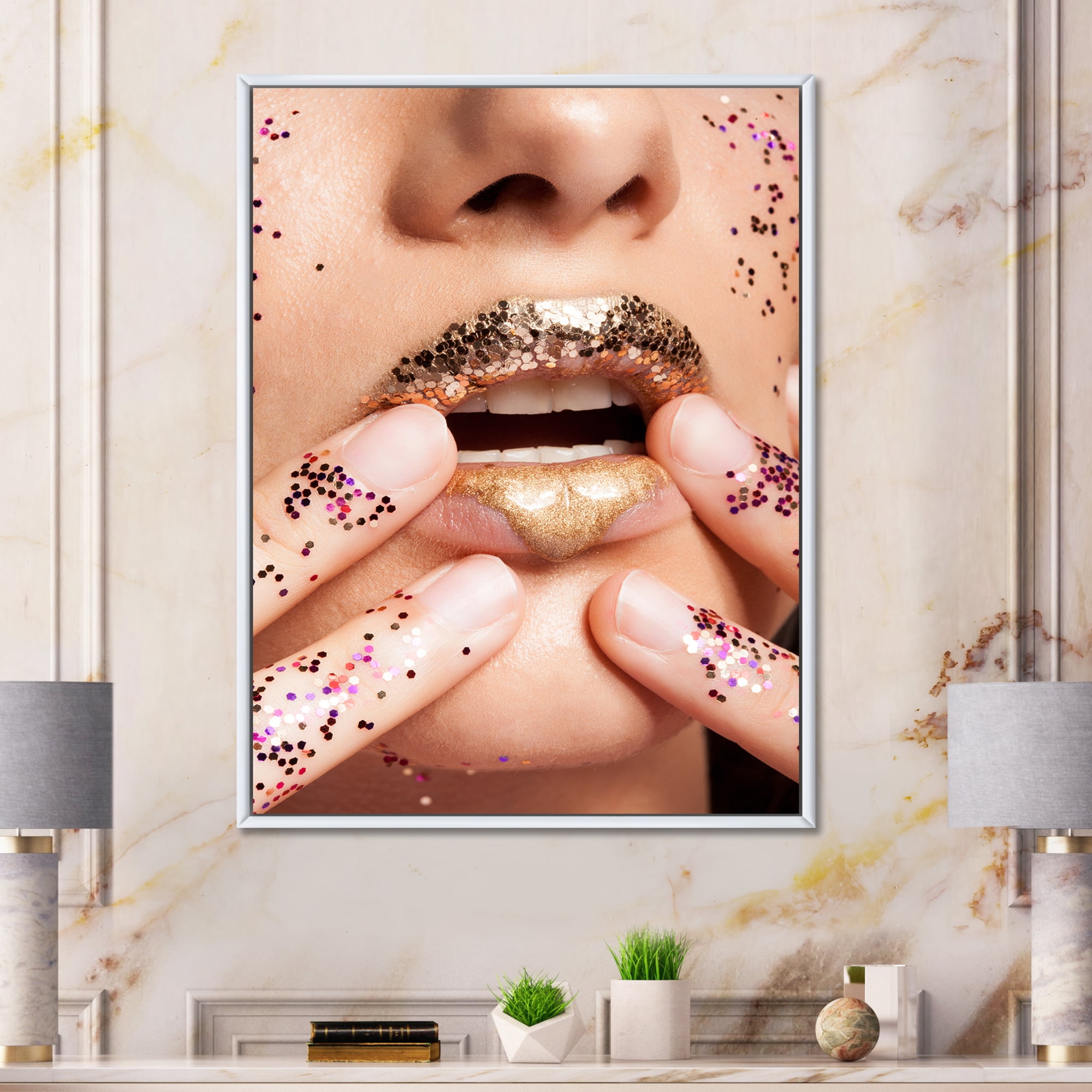 Designart 'Female With Golden Lips and Glitter On Her Hands' Modern Framed Canvas Wall Art Print
