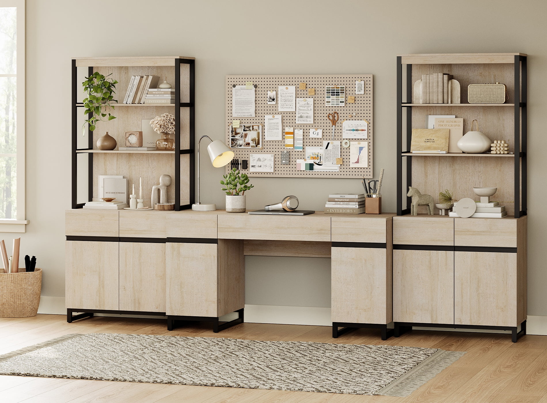 WAMPAT Home Office Set: 59" Modern Desk with Charging Station and Storage Cabinet, 72" Tall Bookcases with Adjustable Shelves, Wood Computer Desk and Library Storage Cabinet for Work Study, Beige