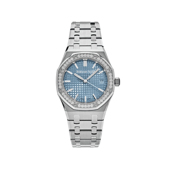 Pre-Owned Audemars Piguet Royal Oak Selfwinding - 34mm Stainless Steel Case with Blue Dial, Diamond-Set Bezel, Steel Bracelet