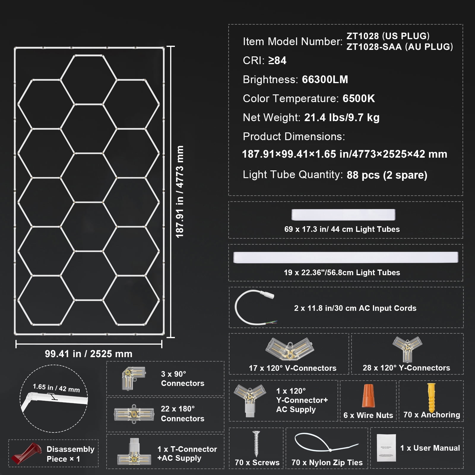 KFFKFF Hexagon Garage LED Lights, 66300LM, 6500K 15 Grid Honeycomb System, DIY Cool White Ceiling Lighting for Car Detailing, Gym, Basement, Workshop, and Bright Shop Spaces