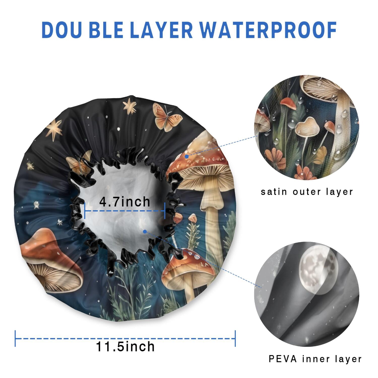 Shower Caps,Colorful Mushroom Eye Black Pattern Waterproof Shower Cap for Women 4 Pieces,Double Reusable Hair Cover for Shower PEVA Elastic Stretch Hem