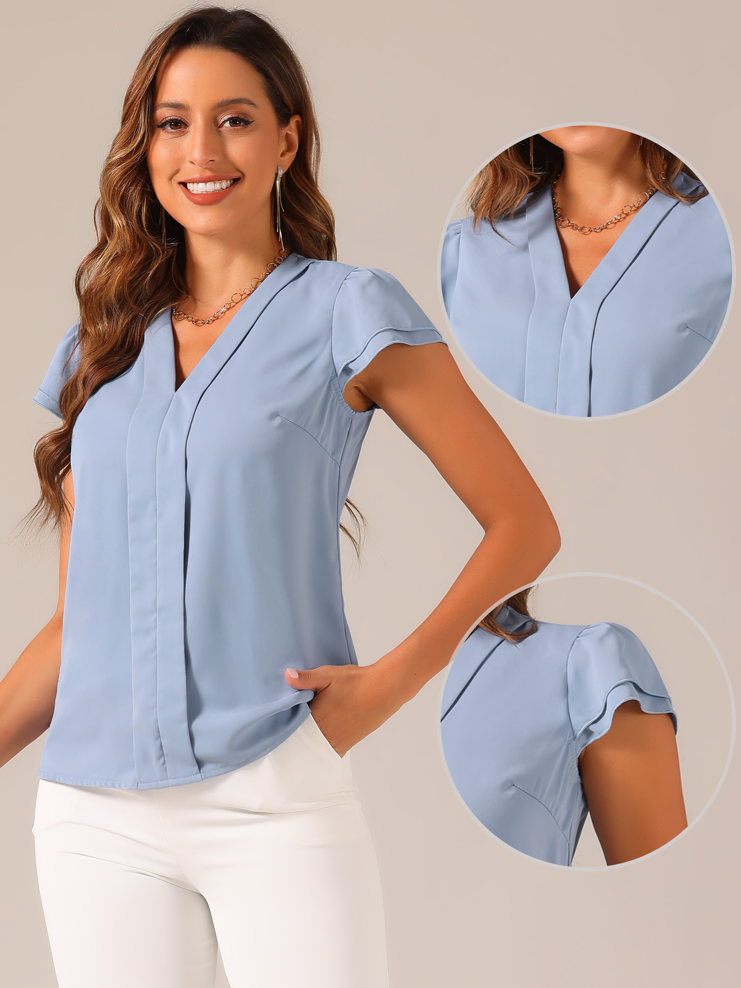 DARING DIVA Women's Summer Office Tops V-Neck Solid Color Chiffon Blouse L Blue Gray