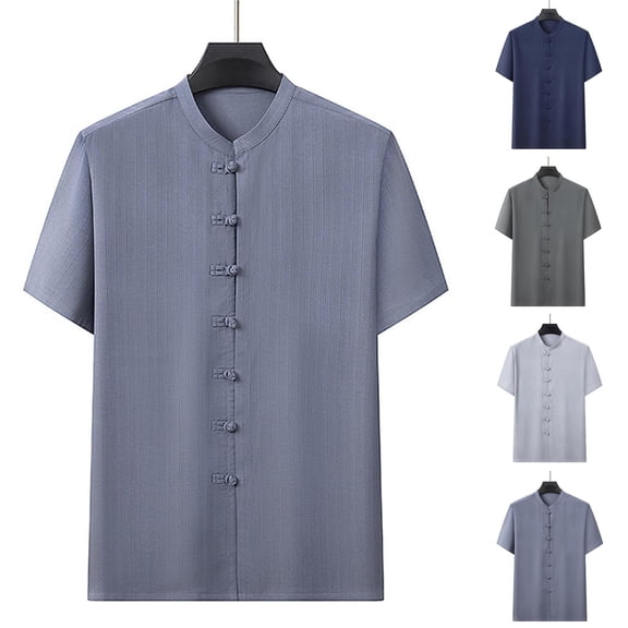 Mens Vintage Jacquard Shirts Short Sleeve Button Up Collarless Retro Frog Button Summer Stylish Business Casual Tops Lightweight Breathable Holiday Travel
