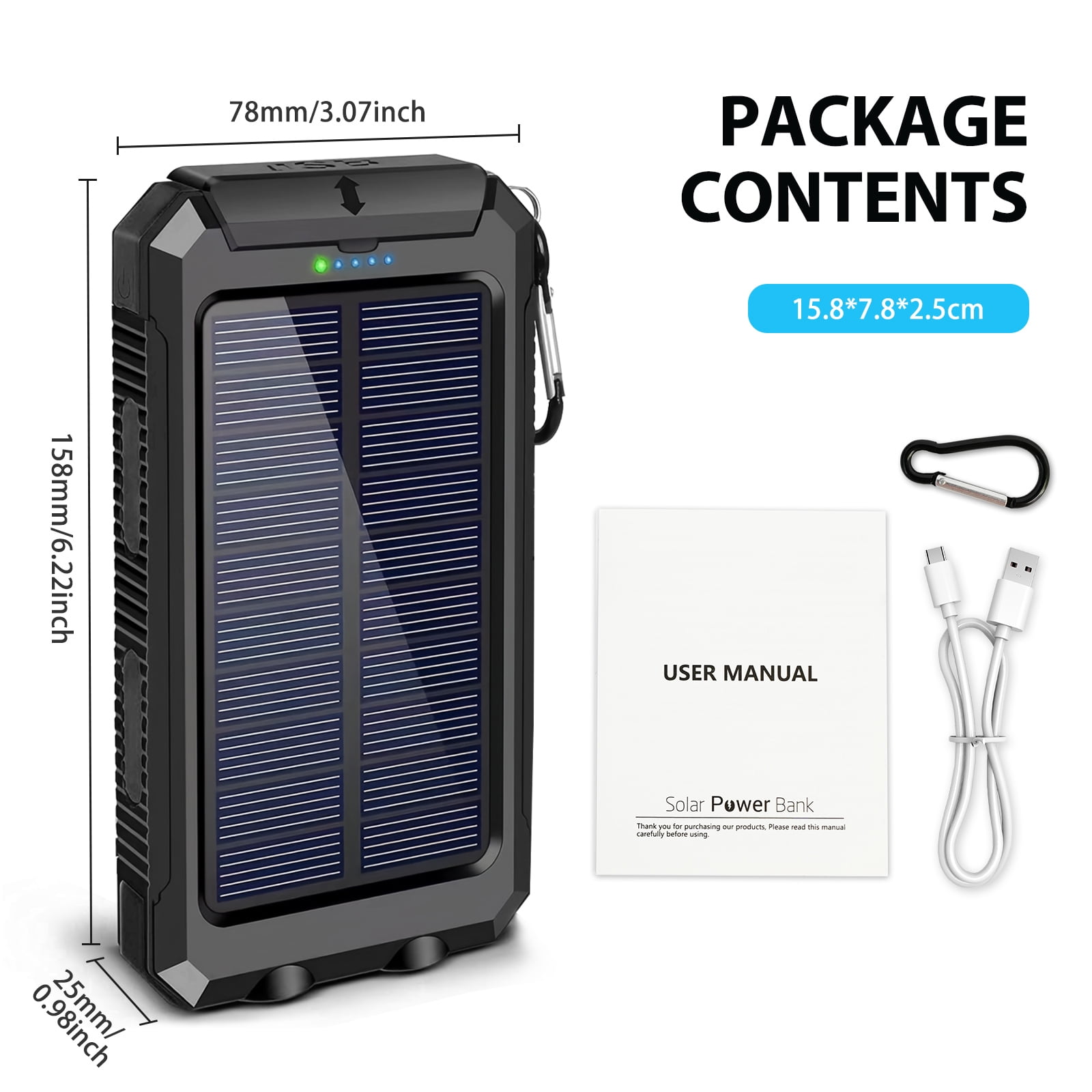 BAOKALER 30000mAh Solar Charger for Cell Phone iPhone, Portable Solar Power Bank with Dual 5V USB Ports, 2 Led Light Flashlight, Compass Battery Pack for Outdoor Camping Hiking(Black)