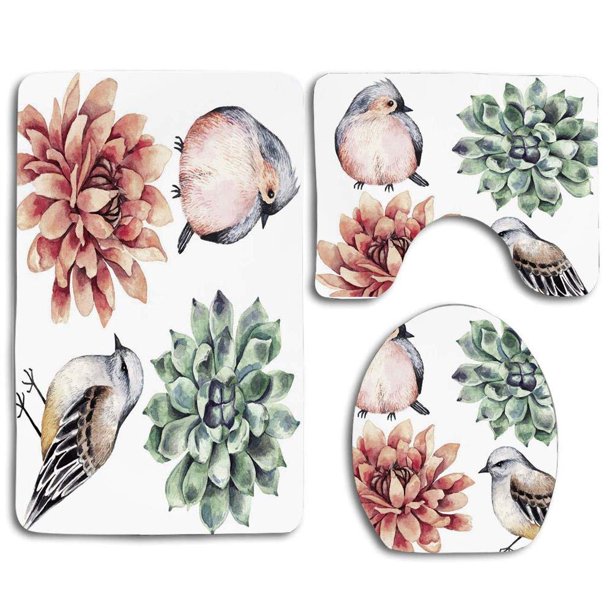 ABPHQTO Suculentos Pajaritos Lindos Con Suculentas Inflorescencia Pradera Vida Silvestre Con Acentos Juego de alfombras de baño de 3 piezas Alfombra de baño Alfombra de contorno y tapa de inodoro ABPHQTO Cont-CHAPPLE-37136