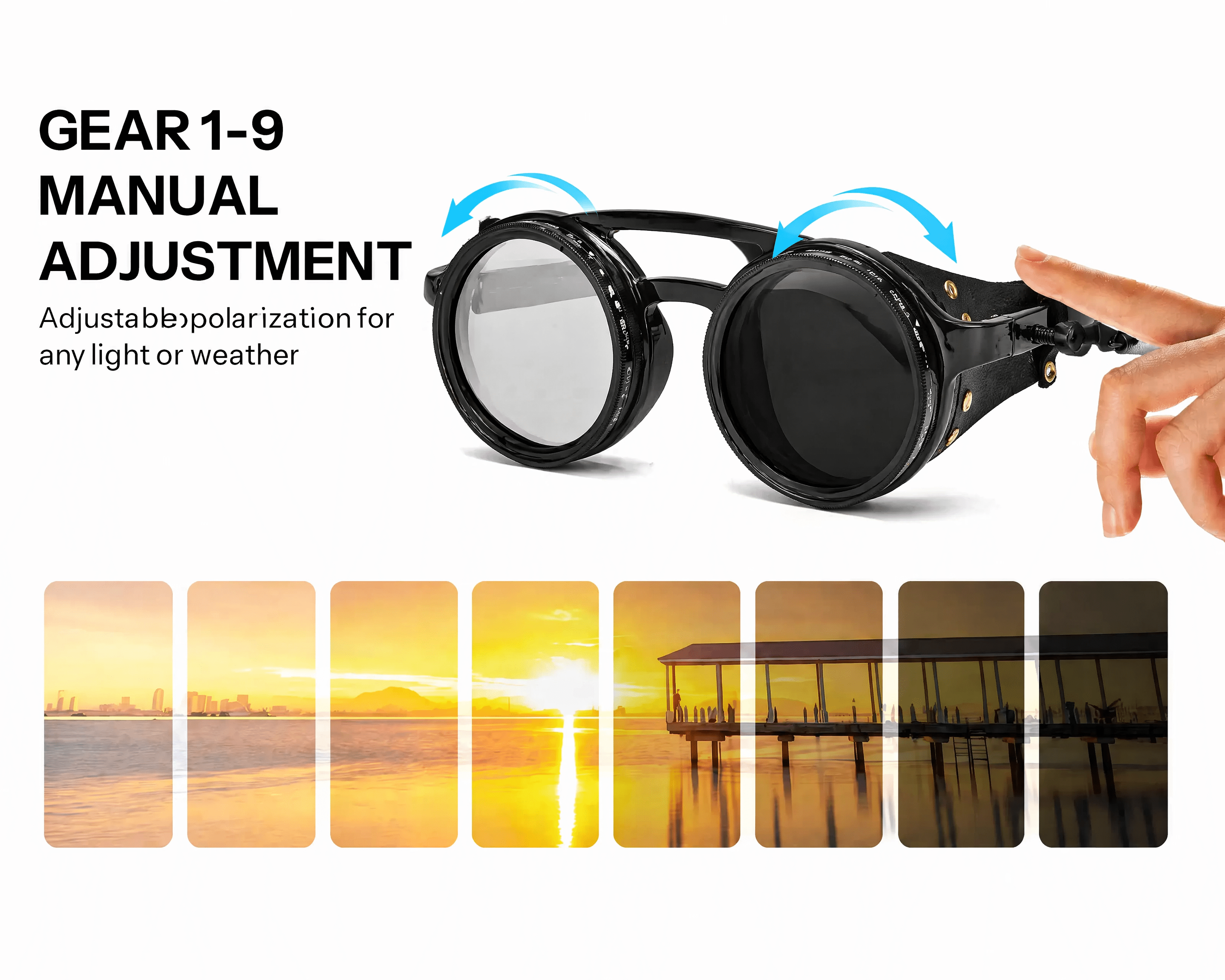 OUANGANC Steampunk Polarized Sunglasses - 1-9 Gears 360° Adjustable Tint Sunglasses | ND Filter & UV400 Protection for Fishing Hiking Cycling Running