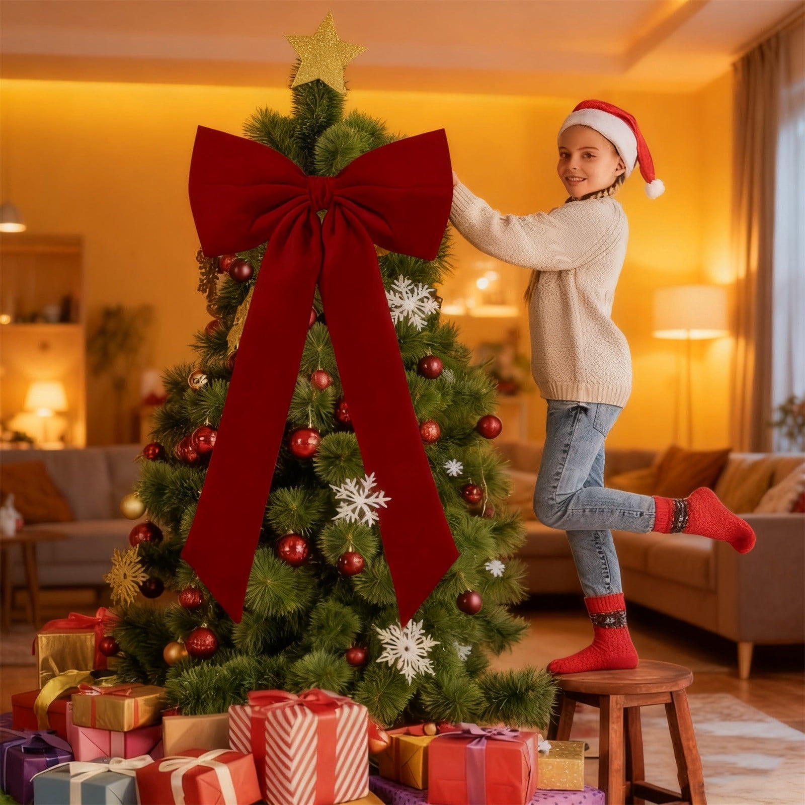 Hvmvliv Large Velvet Christmas Bow 80x40cm - Oversized Tree Topper with Flexible Wire Ribbons, Perfect for Mantel, Staircase & Front Door Holiday Decor Red