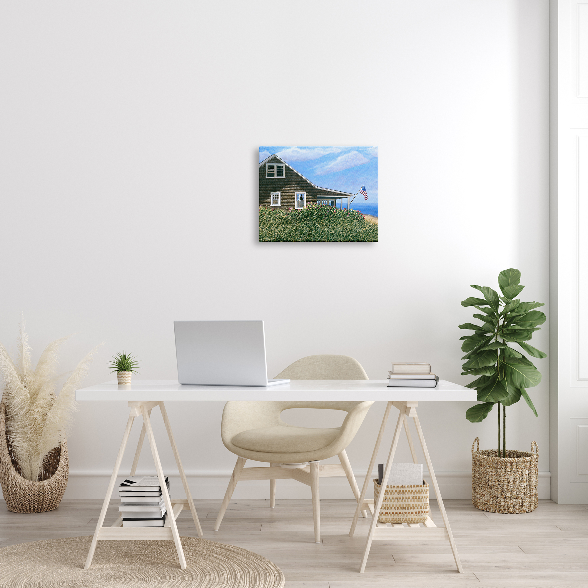 Stupell Industries Seaside House American Flag Peaceful Coastal Home Painting Gallery Wrapped Canvas Print Wall Art, Design by Tom Mielko