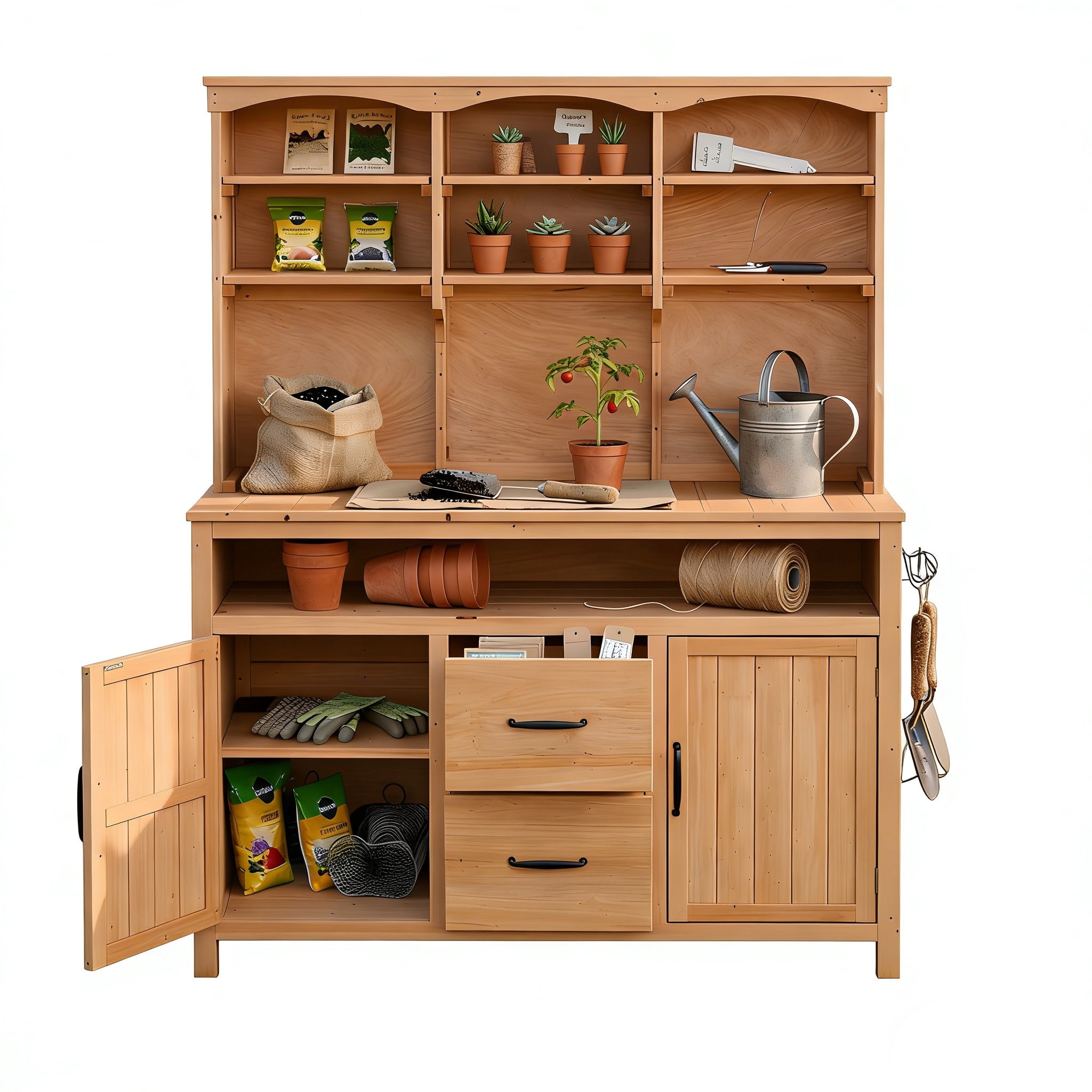 Mintazer Outdoor Potting Bench with Cabinets, 65"H Multi-Functional Patio Kitchen Island with 2 Drawers & Hooks, Large Countertop for Gardening Grill, Natural