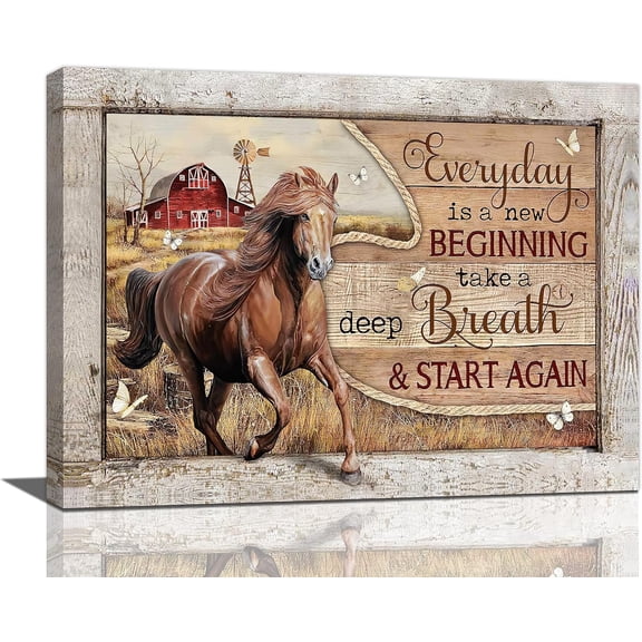 Farmhouse Horse Wall Art Horse Pictures Wall Decor Rustic Barn Canvas Prints Painting Everyday is A New Beginning Artwork Home Decoration for Kitchen Living Room Bathroom 12"x16"