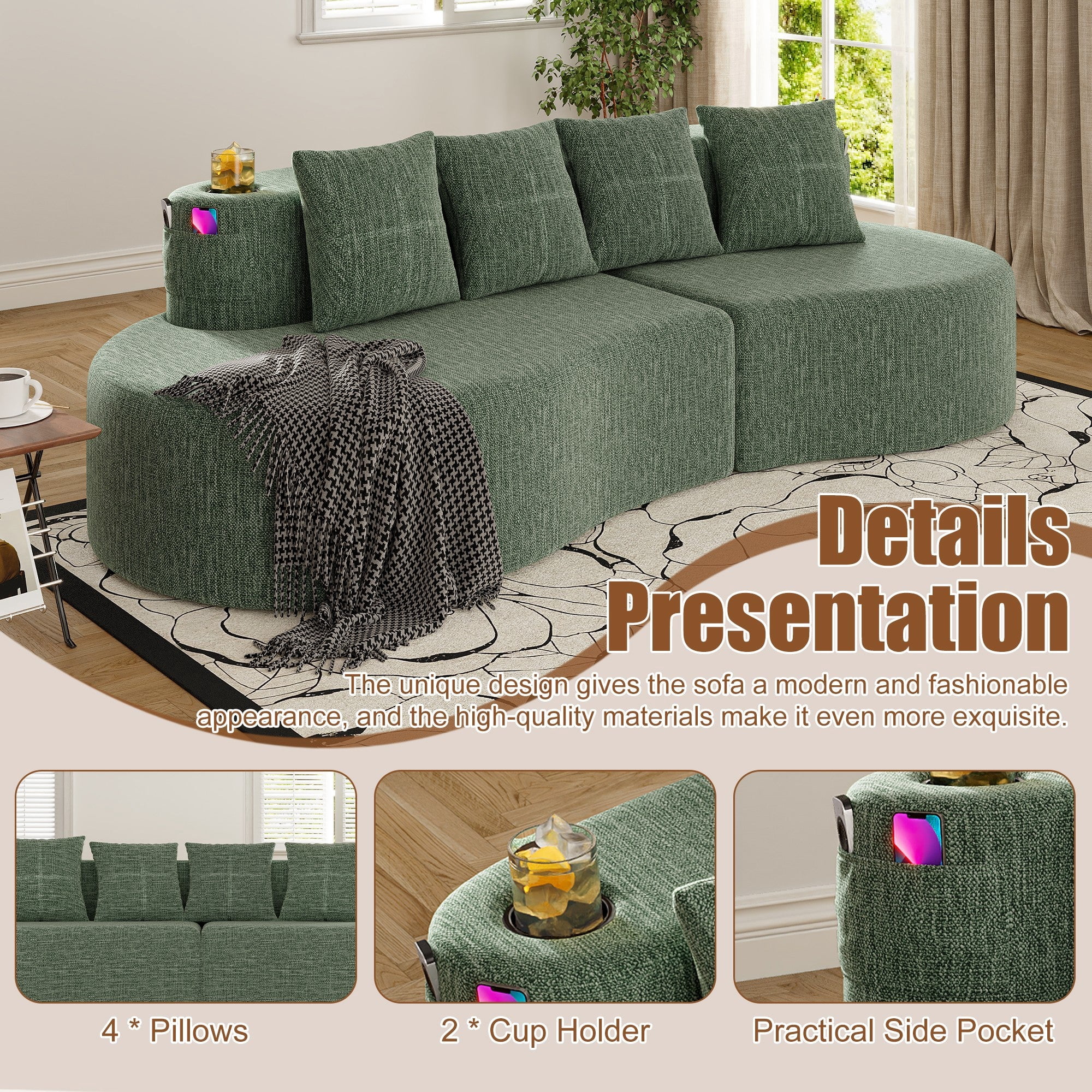 Sailvan Modern Curved Sectional 3 Seat Sofa,Minimalist Half Moon Modular Couch for Living Room,Office and Apartment,Soft Chenille Fabric Green