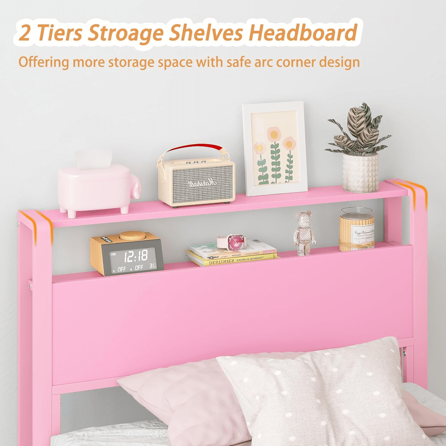 Yoneston Twin Kids Metal Bed Frame with 2-Tire Storage Headboard, Heavy Duty Platform Bed Frame Bedroom Furniture for Girls, Pink