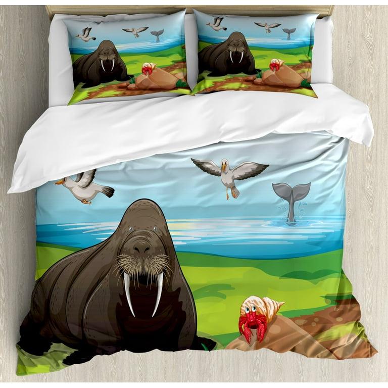 Hermit Crab Duvet Cover Set Queen Size Cartoon Interpretation of Sea Animals and Birds by the Ocean Wilderness Decorative 3 Piece Bedding Set with 2