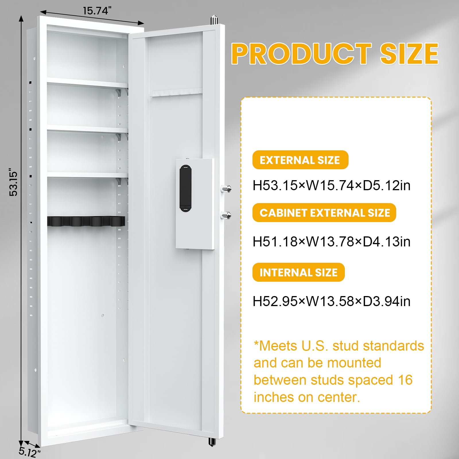 53.15" In Wall Gun Safe, Wall Safe Between the Studs, Biometric Hidden Gun Safes for Pistols, Gun Cabinets for Shotguns with Gun Rack and Adjustable Shelves(White-Fingerprint)