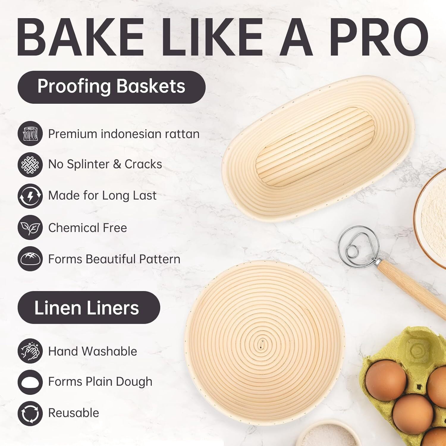 ALLJOY Banneton Bread Proofing Basket Set of 2，9 Inch Round & 10 Oval Cane Sourdough Bread Proofing Baskets Baking Supplies，Sourdough Starter Kit