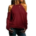 thumbnail image 2 of Fesfesfes Women Casual Tops O-Neck Off Shoulder Fall Tops Solid Color Hollow Out Long Sleeve Blouse Shirt Tops, 2 of 6