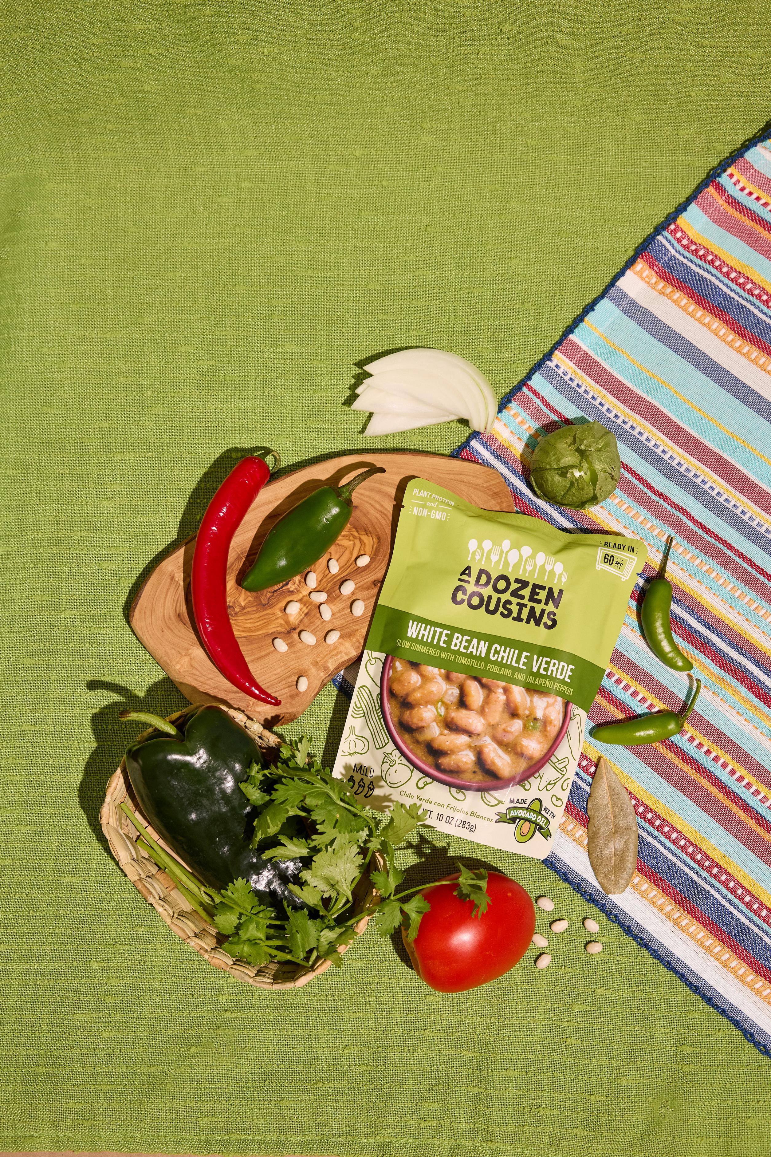 A Dozen Cousins Seasoned Beans, Vegan and Non-GMO Meals, Microwaveable Beans Ready to Eat Made with Avocado Oil (White Bean Chile Verde, 6 Pack)