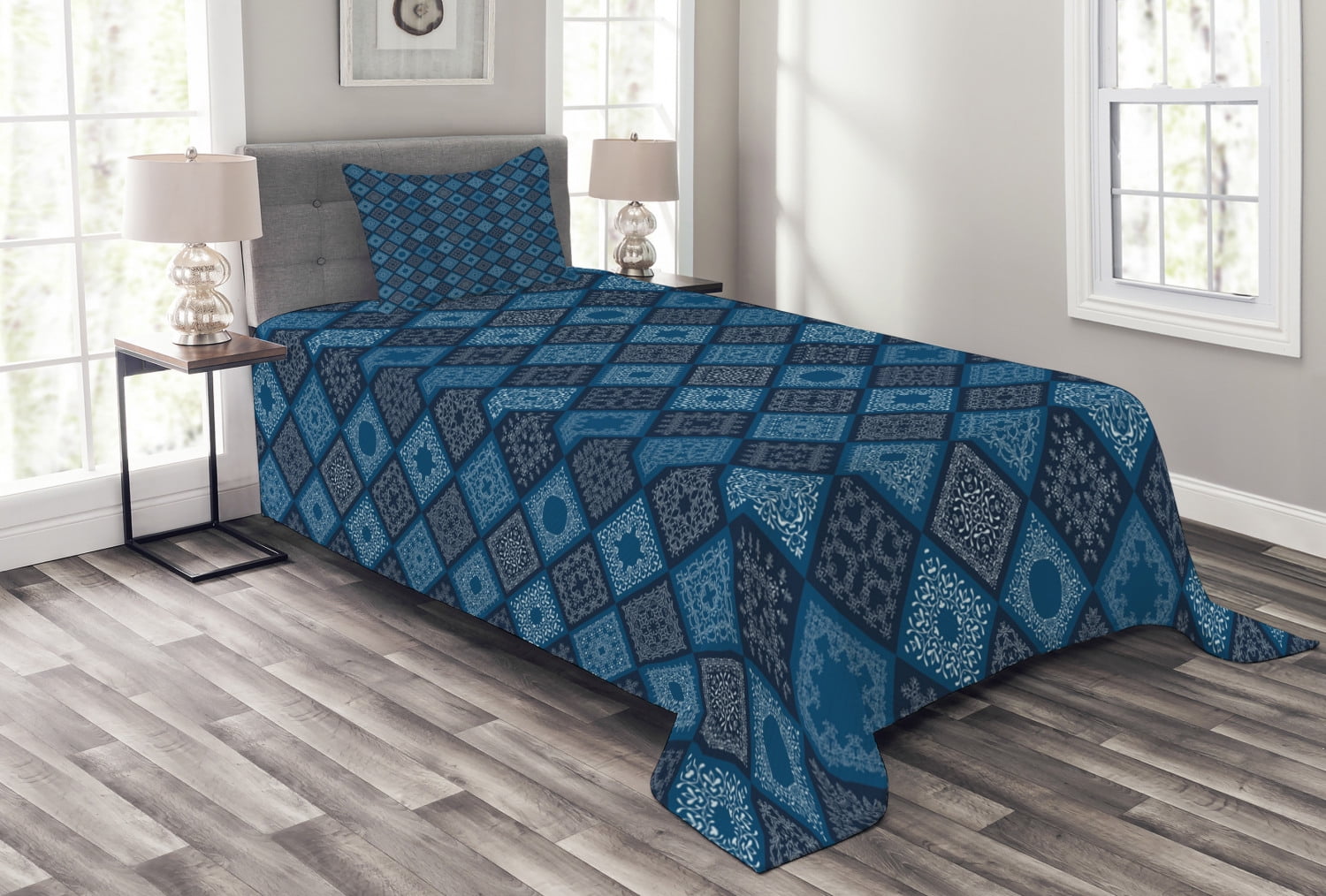 Indigo Bedspread Set, Floral Tribal Ethnic Detailed Squares Patchwork
