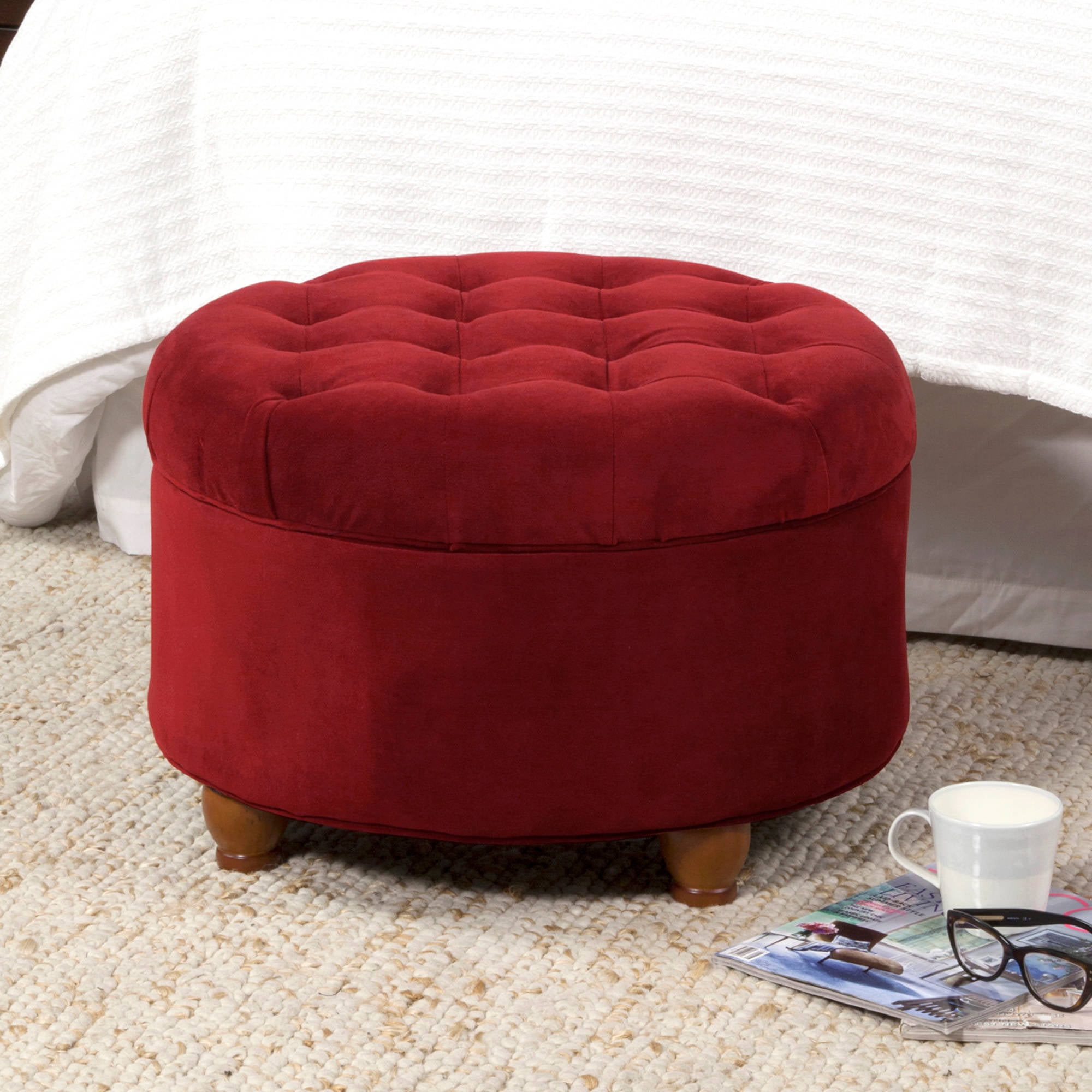 Velvet Round Storage Ottoman Red Tufted Durable Large Stool Velvet Round Storage Ottoman Red Tufted Durable Large Stool Wood Leg Seat