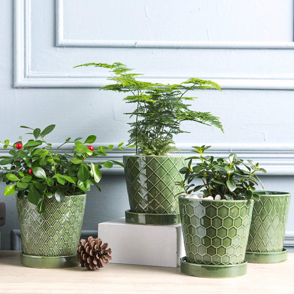 BUYMAX 5" Ceramic plant pots with drainage hole and tray, 4-Pack-4-patterns, gardening home desktop office windowsill decoration， patina flower pots indoor