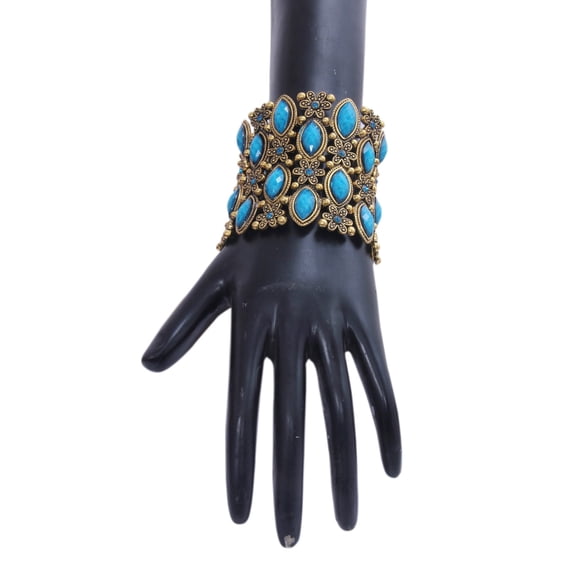 Turquoise Blue and Gold-Toned Elasticated Bracelet