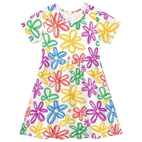 joogoo Hand Drawn Flower Girls' Short Sleeve Dress Kids Dresses 5-6T