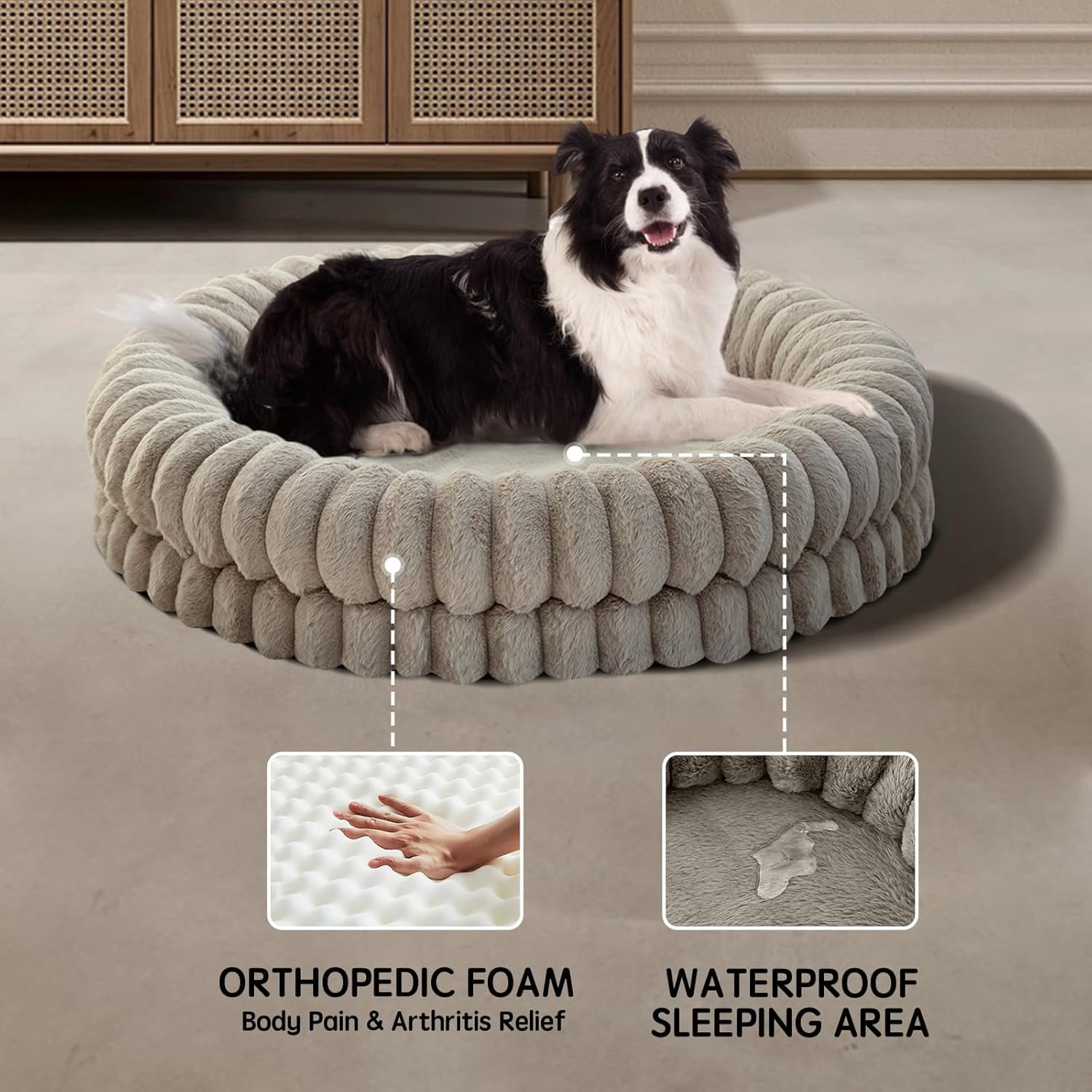 Luxury Donut Dog Bed, 36 Inches Round Dog Beds Large Sized Dogs Washable, Orthopedic Calming Dogs Bed for Pets with Anti-Slip Bottom, Oatmeal