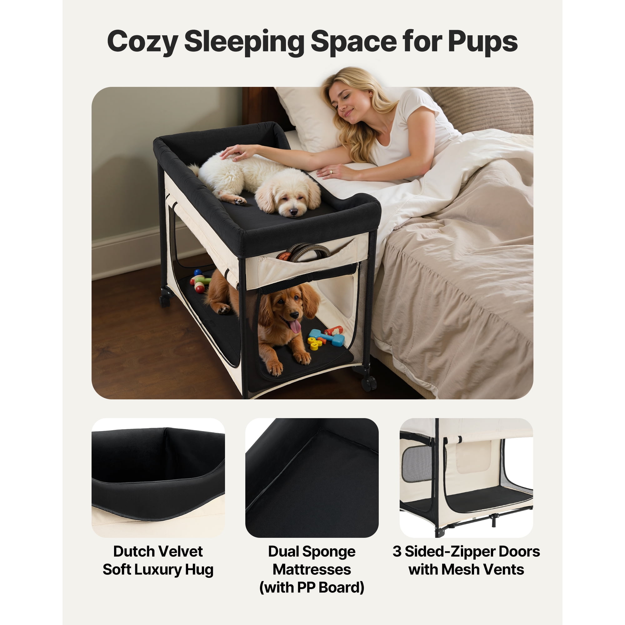 KFFKFF Double-Layer Pet Bed with Wheels, Foldable Dog Bed with Durable Oxford Cloth, Soft Velvet, Side Storage Pockets, and Storage Bag,40" X 23"