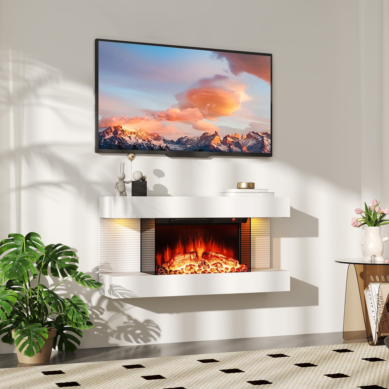 Giantex Wall-Mounted Electric Fireplace Mantel, 18" Fireplace & 32" Floating Mantel, 750W/1500W All-in-One Fireplace