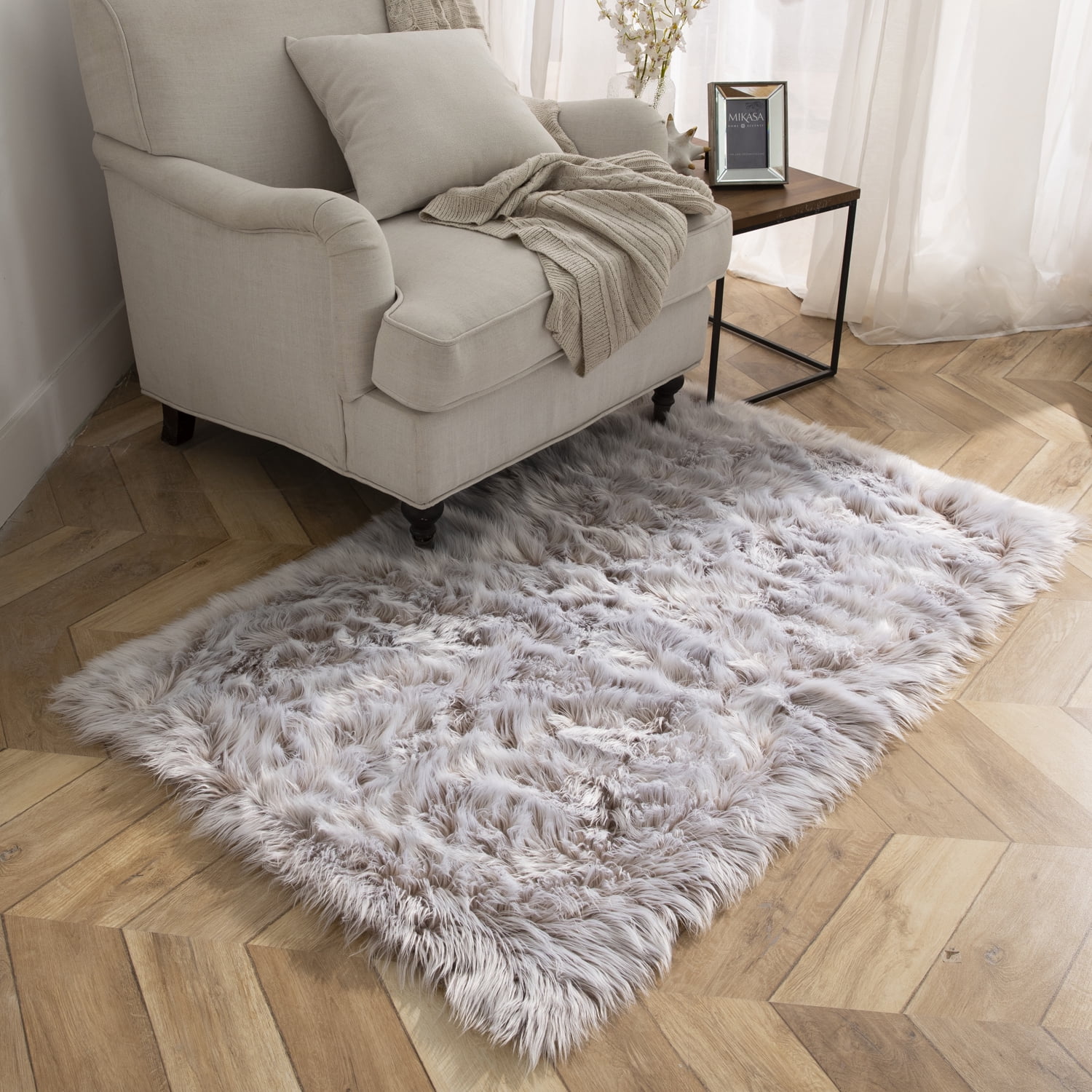 Deluxe Ultra Soft Faux Sheepskin Fur Series Fluffy Decorative Indoor Shag Area Rug, 3 x 5 Feet Rectangle, Beige and White, 1 Pack