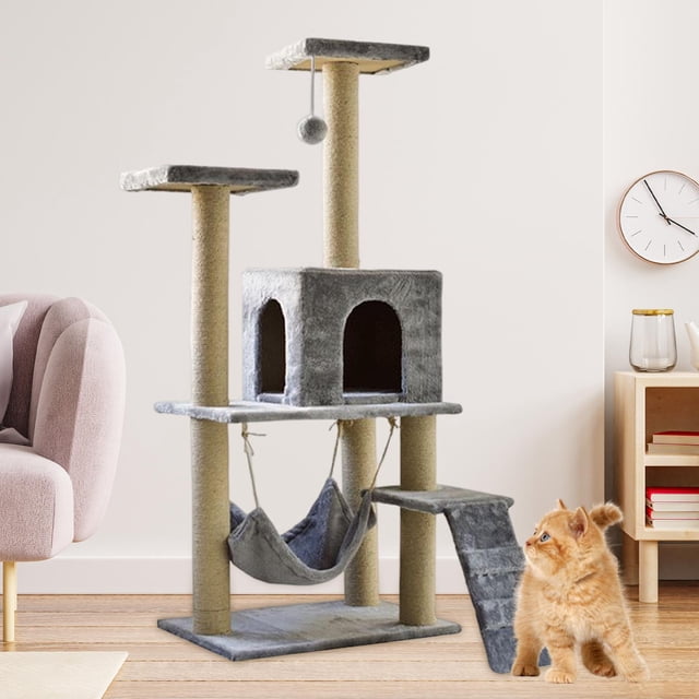 de gato de varios niveles Torre de gato con hamaca para rascar Condominio de gato Soporte de escalada Casa de percha Gatitos Juguete Gris claro
