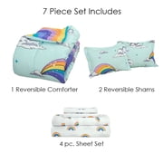 Full 7-Piece Comforter Set, Kidz Mix Magical Unicorn Super Soft Bed In A Bag With Reversible Rainbow Comforter